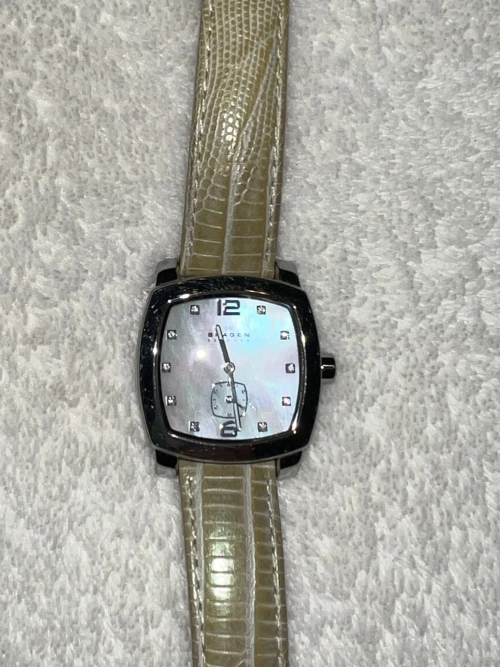 Skagen Light Green Genuine Leather Denmark Square Mother of Pearl Watch